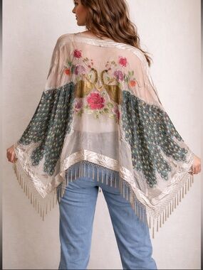 100% Silk Rayon Beaded Peacock Burnout Velvet Gorgeous Spring Scarf Wrap Shawl
